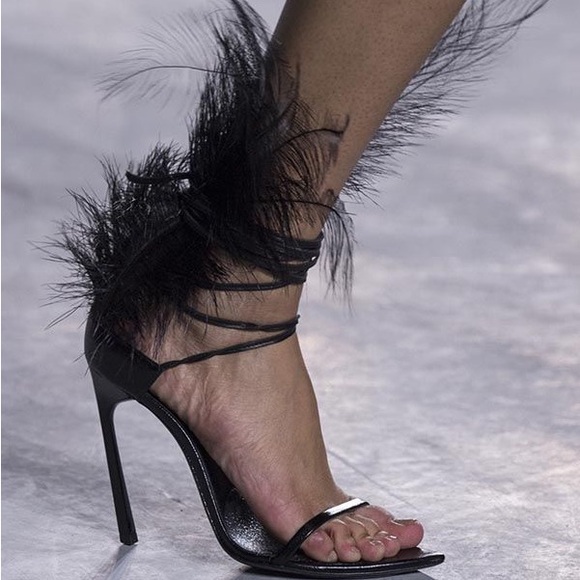 YSL Black Feather Lace-Up Stiletto Sandals - Picture 9 of 10